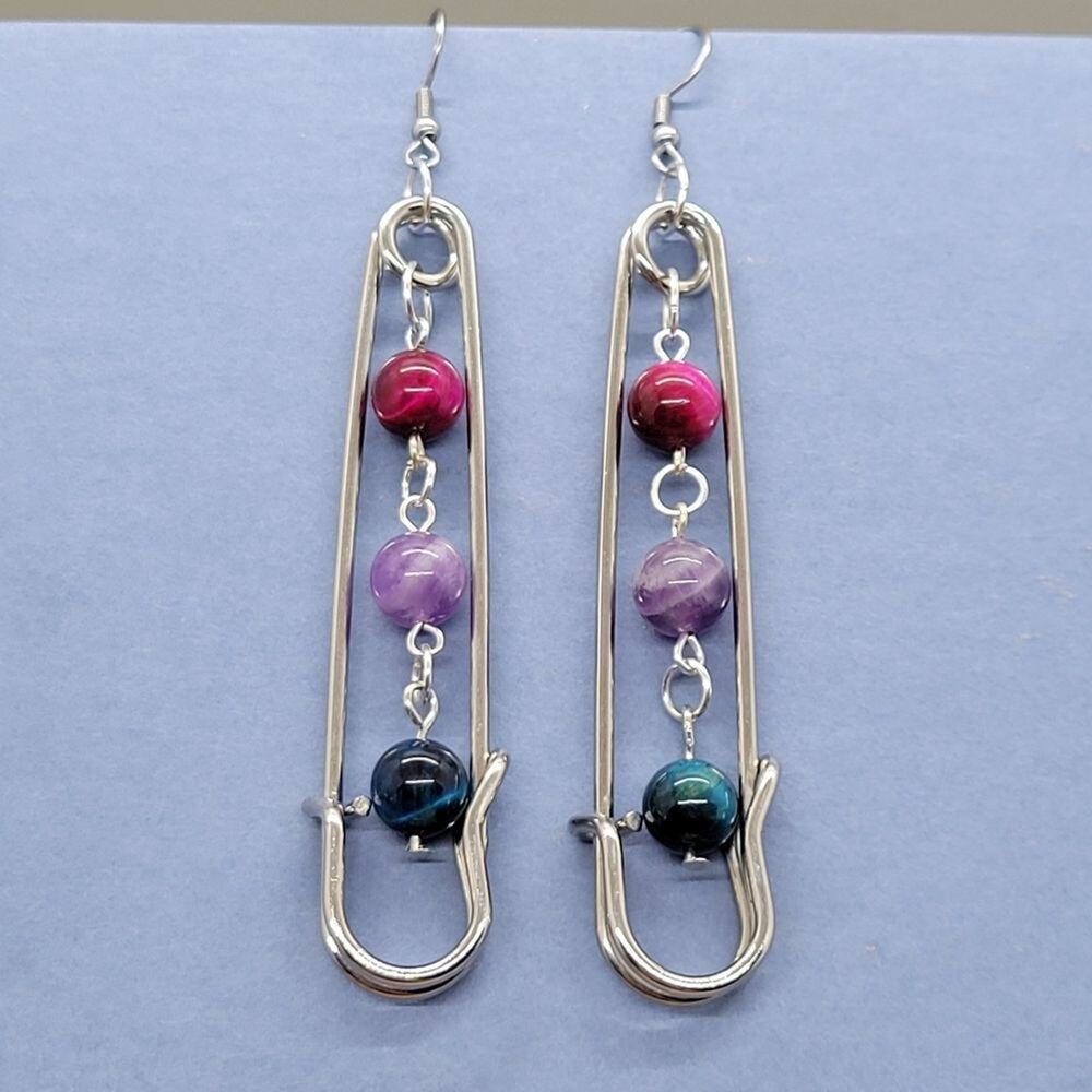 Safety pin bi pride flag beaded earrings, blue & pink tiger's eye with amethyst
